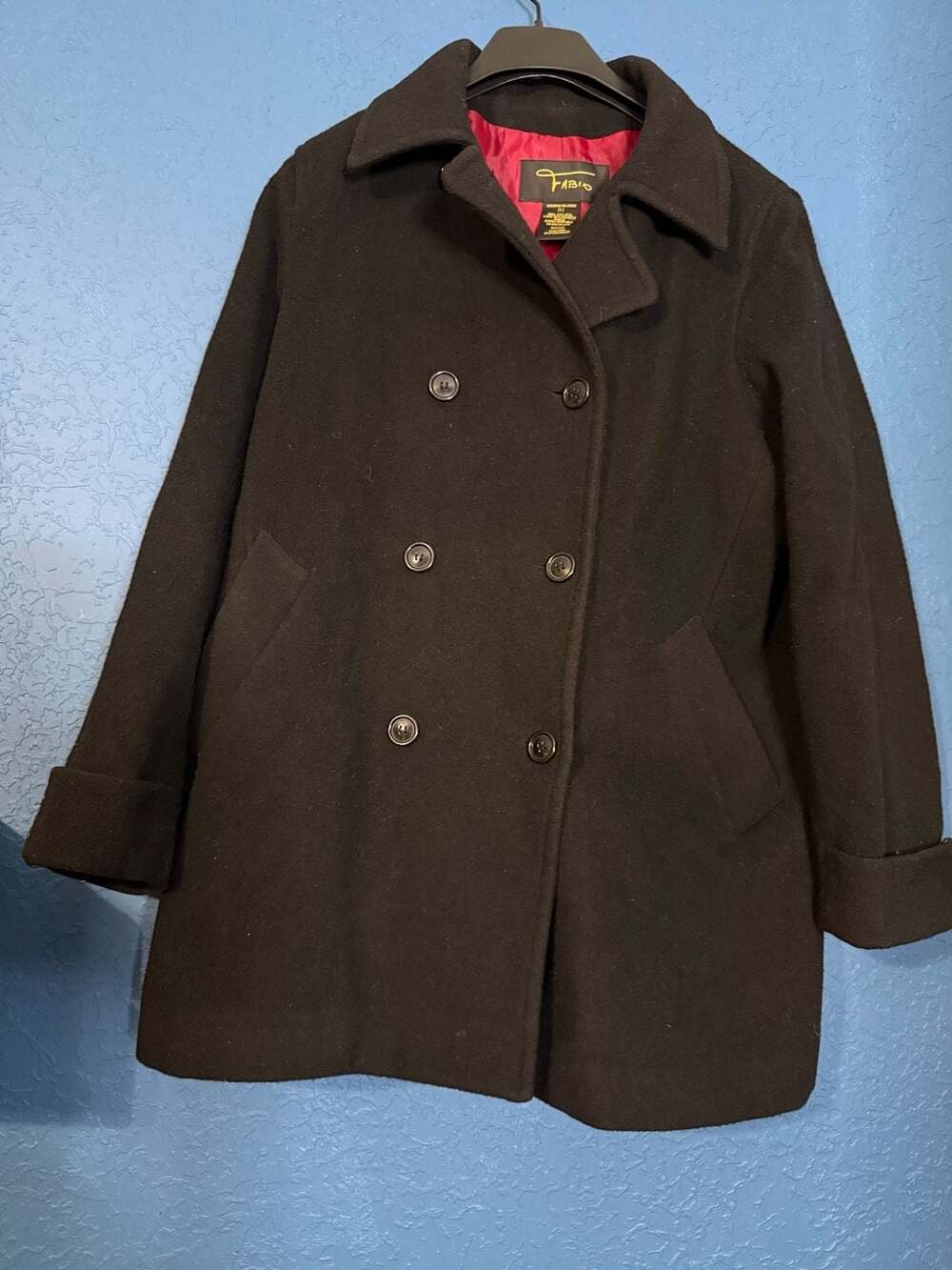 FABIO Womens 100% Wool Double Breasted Pea Coat Black Size L Style F2969 Vintage